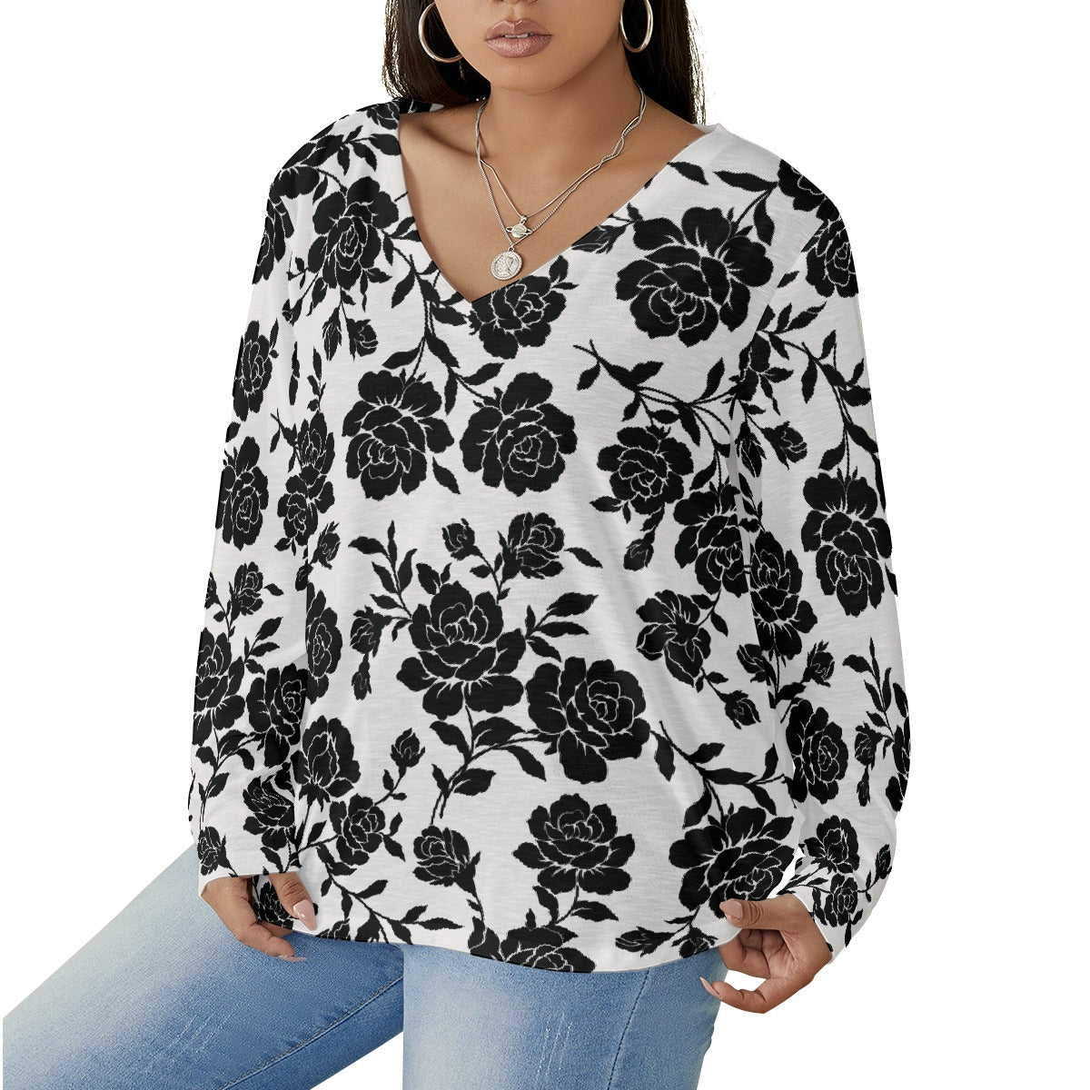All-Over Print Women's V-neck T-shirt With Curved Hem(Plus Size)
