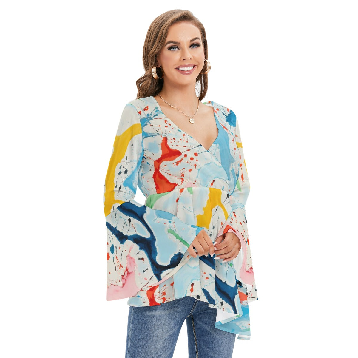 All-Over Print Women's V-neck Blouse With Flared Sleeves