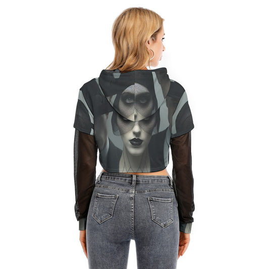 All-Over Print Women's Fake Two-piece Mesh Sleeve Cropped Hoodie