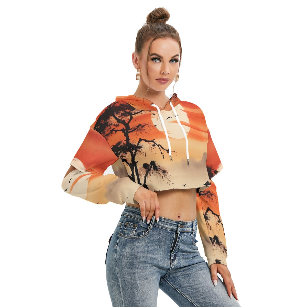 All-Over Print Women's Heavy Fleece Hoodie With Hollow Out Sleeve