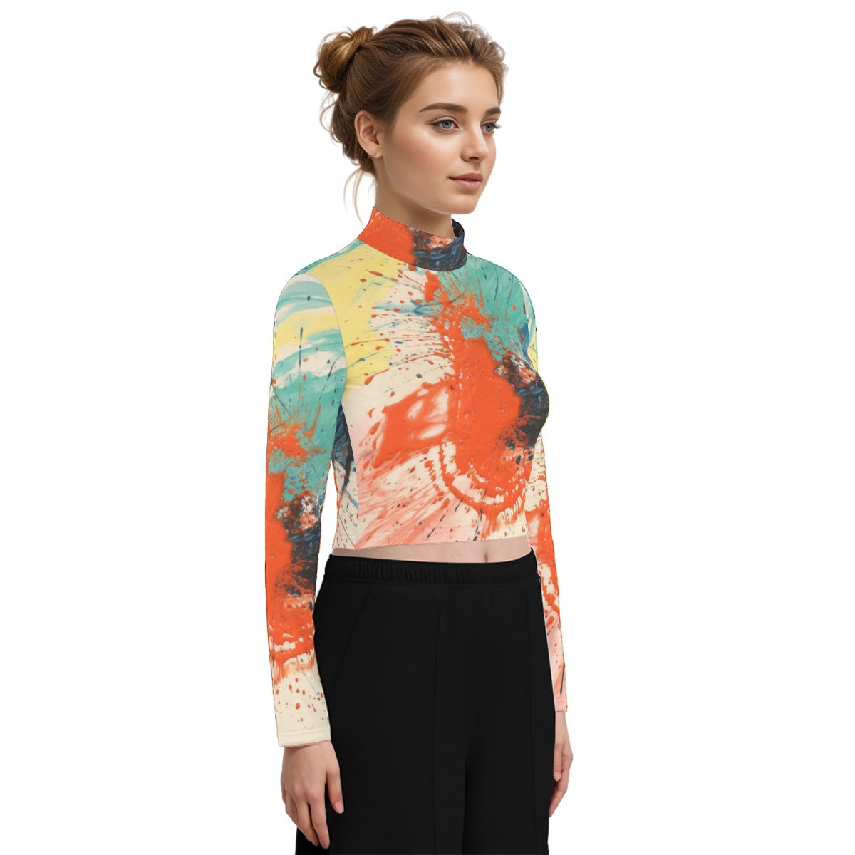 Eco-Friendly All-Over Print Women's Turtleneck T-shirt With Long Sleeve