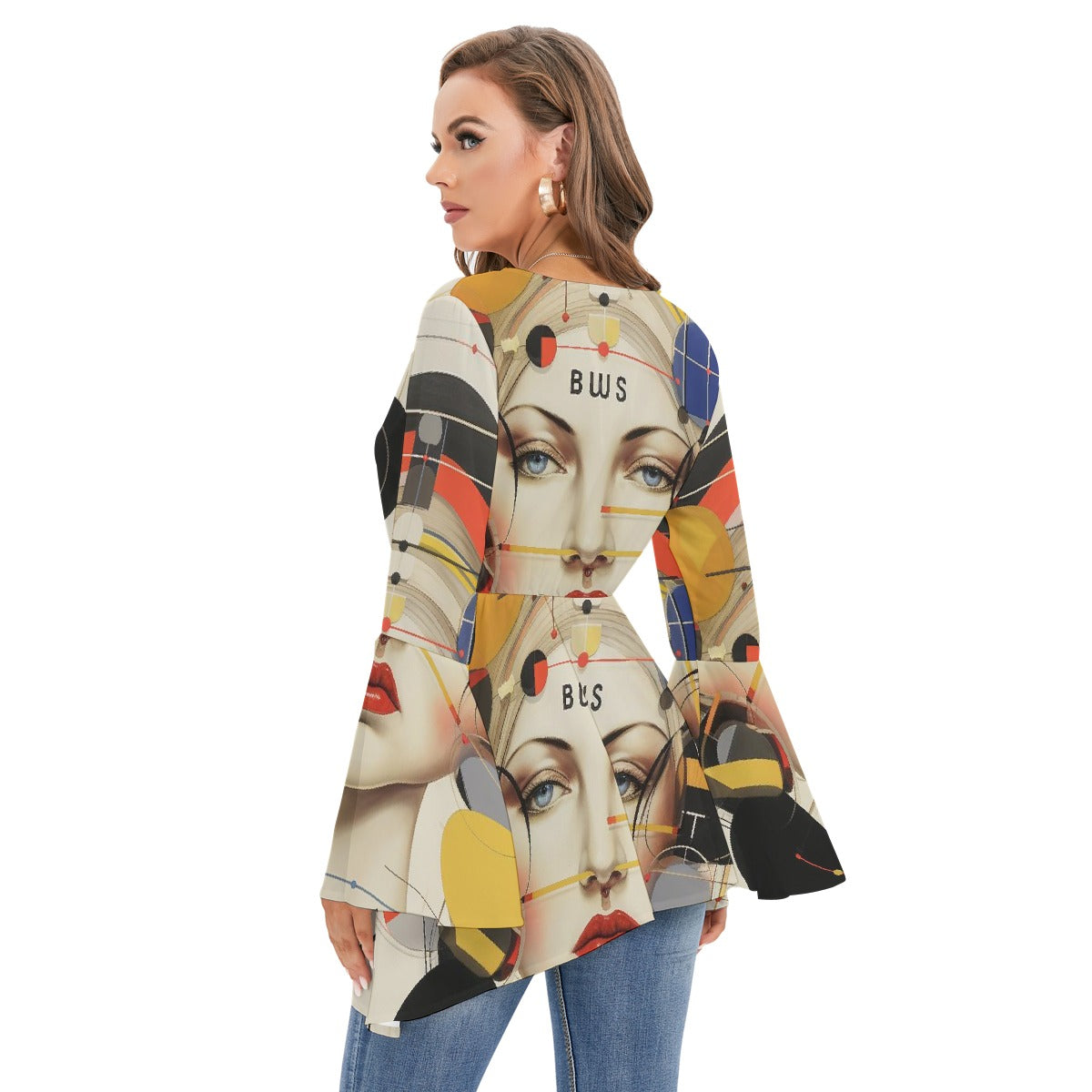 All-Over Print Women's V-neck Blouse With Flared Sleeves