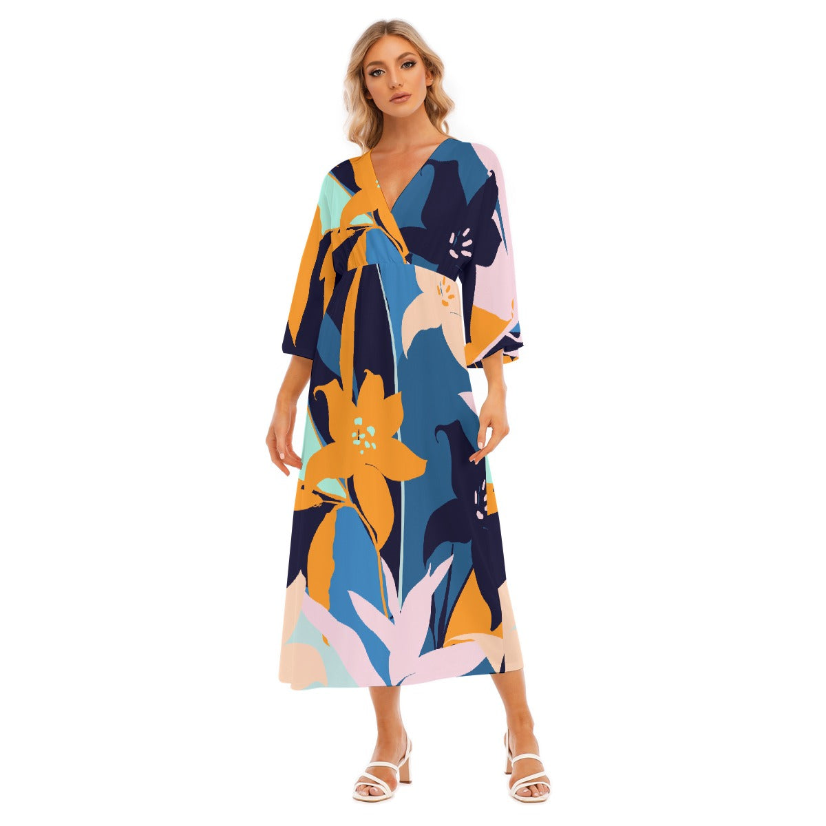 All-Over Print Women's Mid-Sleeve Long Dress