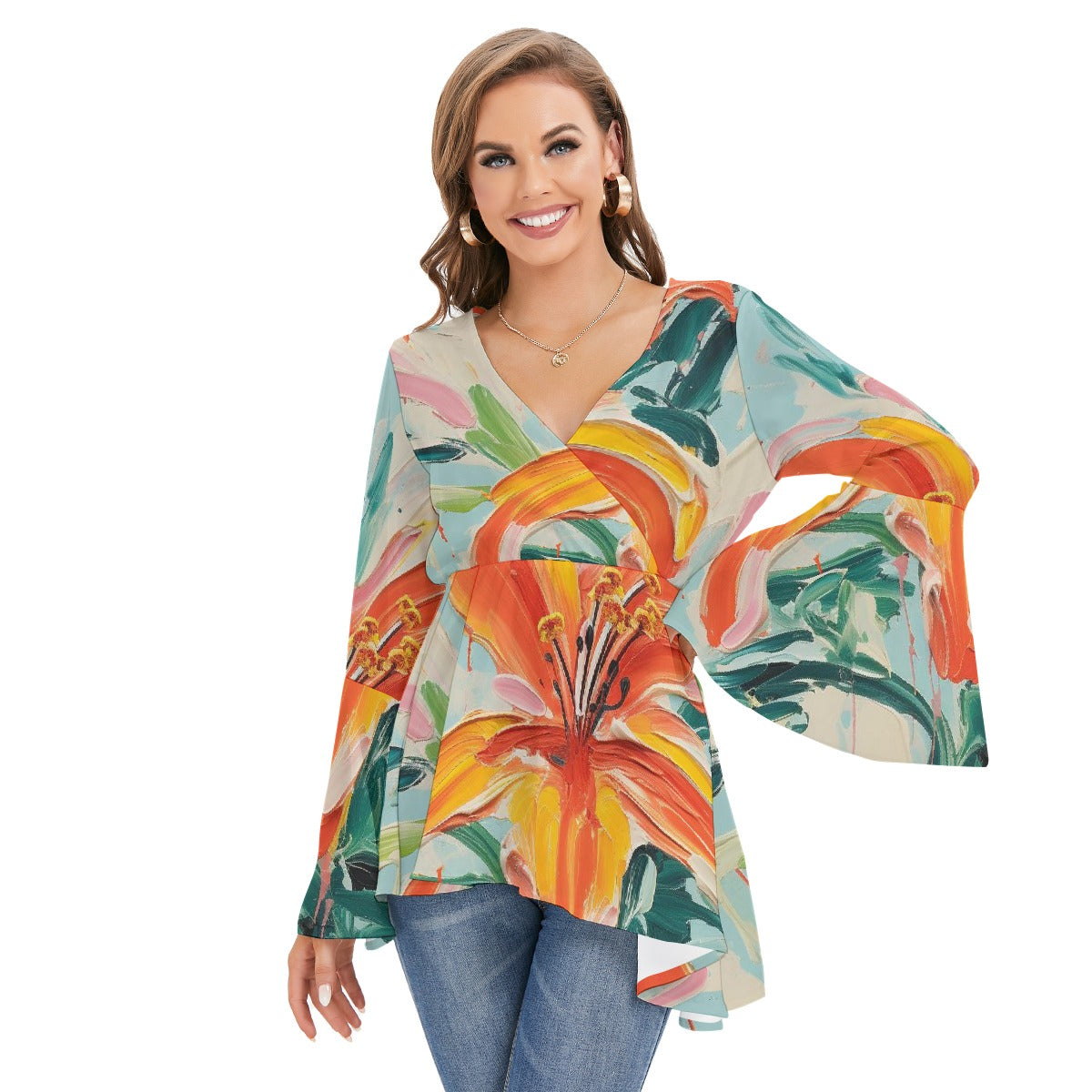 All-Over Print Women's V-neck Blouse With Flared Sleeves