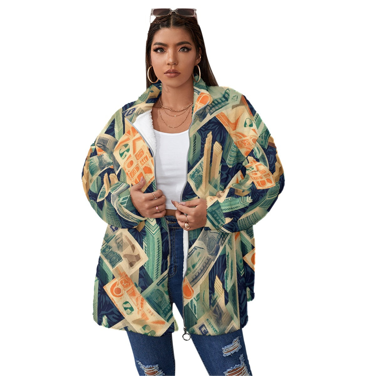 All-Over Print Unisex Borg Fleece Stand-up Collar Coat With Zipper Closure(Plus Size)