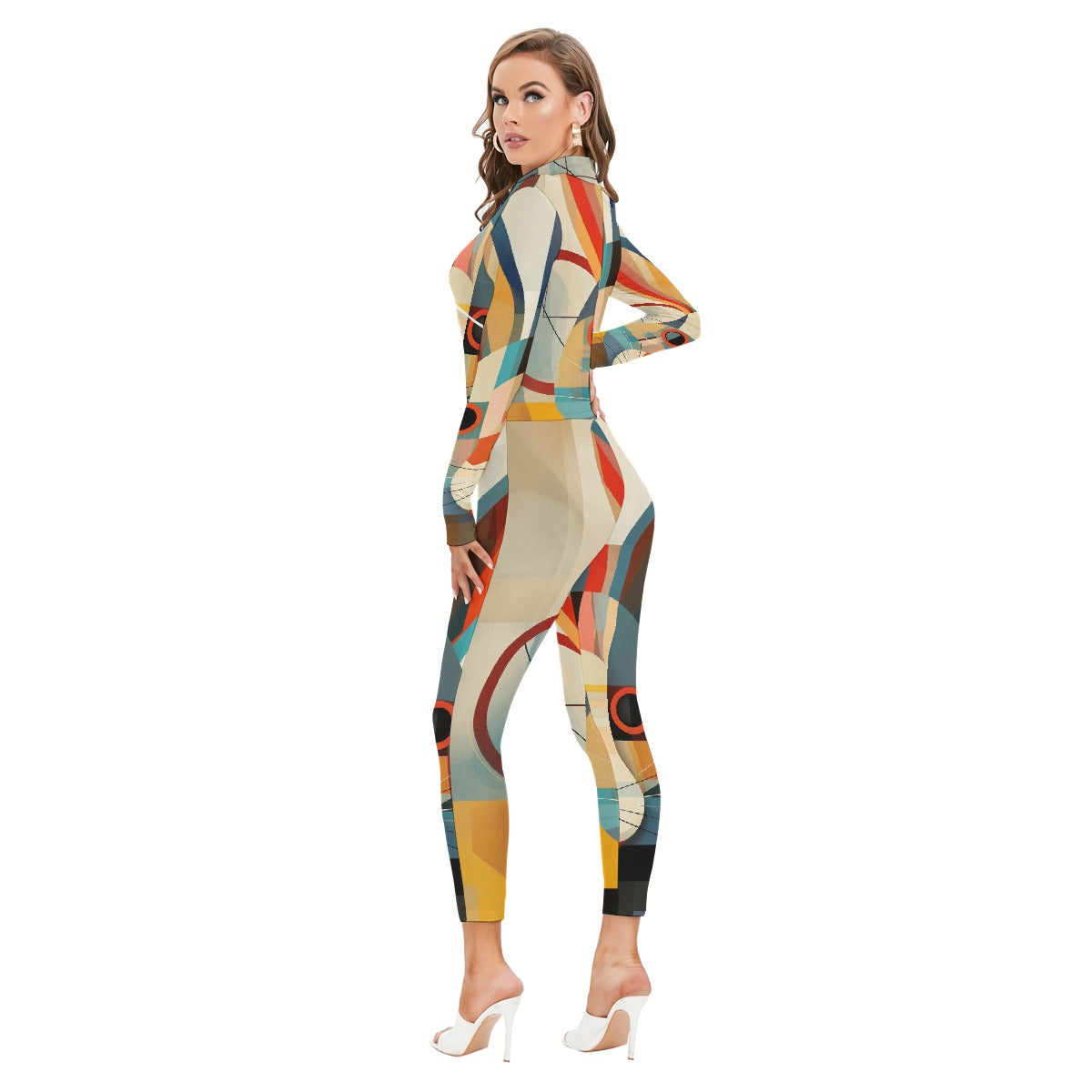 All-Over Print Women's Long-sleeved High-neck Jumpsuit With Zipper