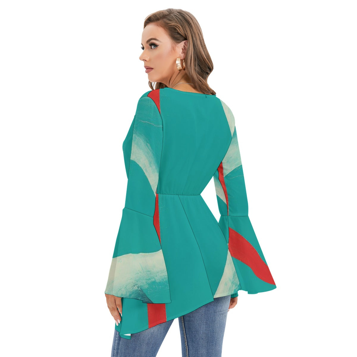 All-Over Print Women's V-neck Blouse With Flared Sleeves