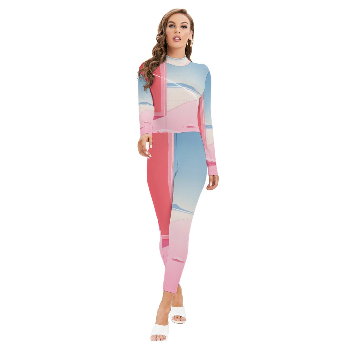 All-Over Print Women's Long-sleeved High-neck Jumpsuit With Zipper