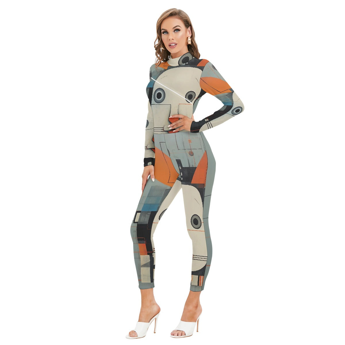 All-Over Print Women's Long-sleeved High-neck Jumpsuit With Zipper