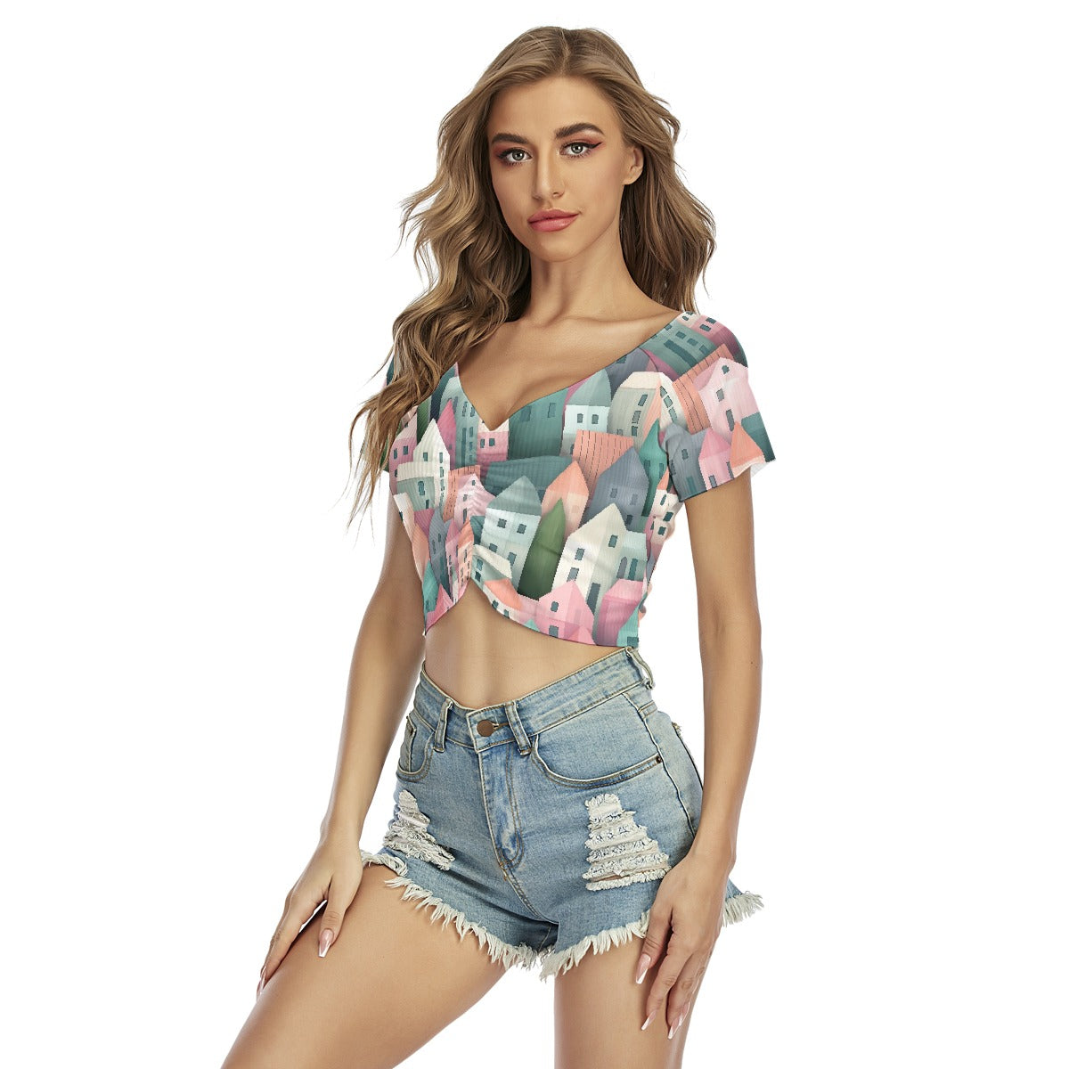 All-Over Print Women's Raglan Drawstring Front  Crop Tee