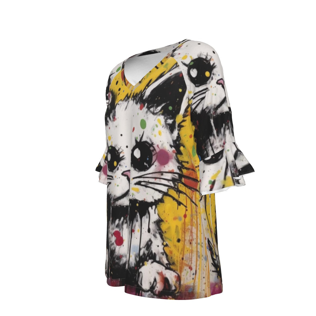 All-Over Print V-neck Women's T-shirt With Bell Sleeve