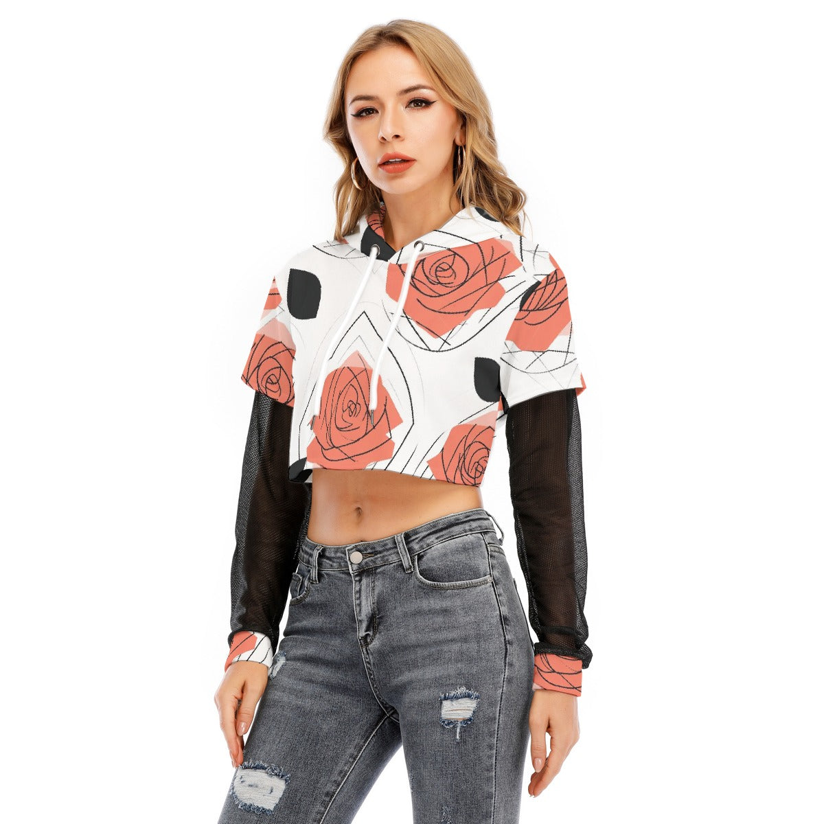 All-Over Print Women's Fake Two-piece Mesh Sleeve Cropped Hoodie