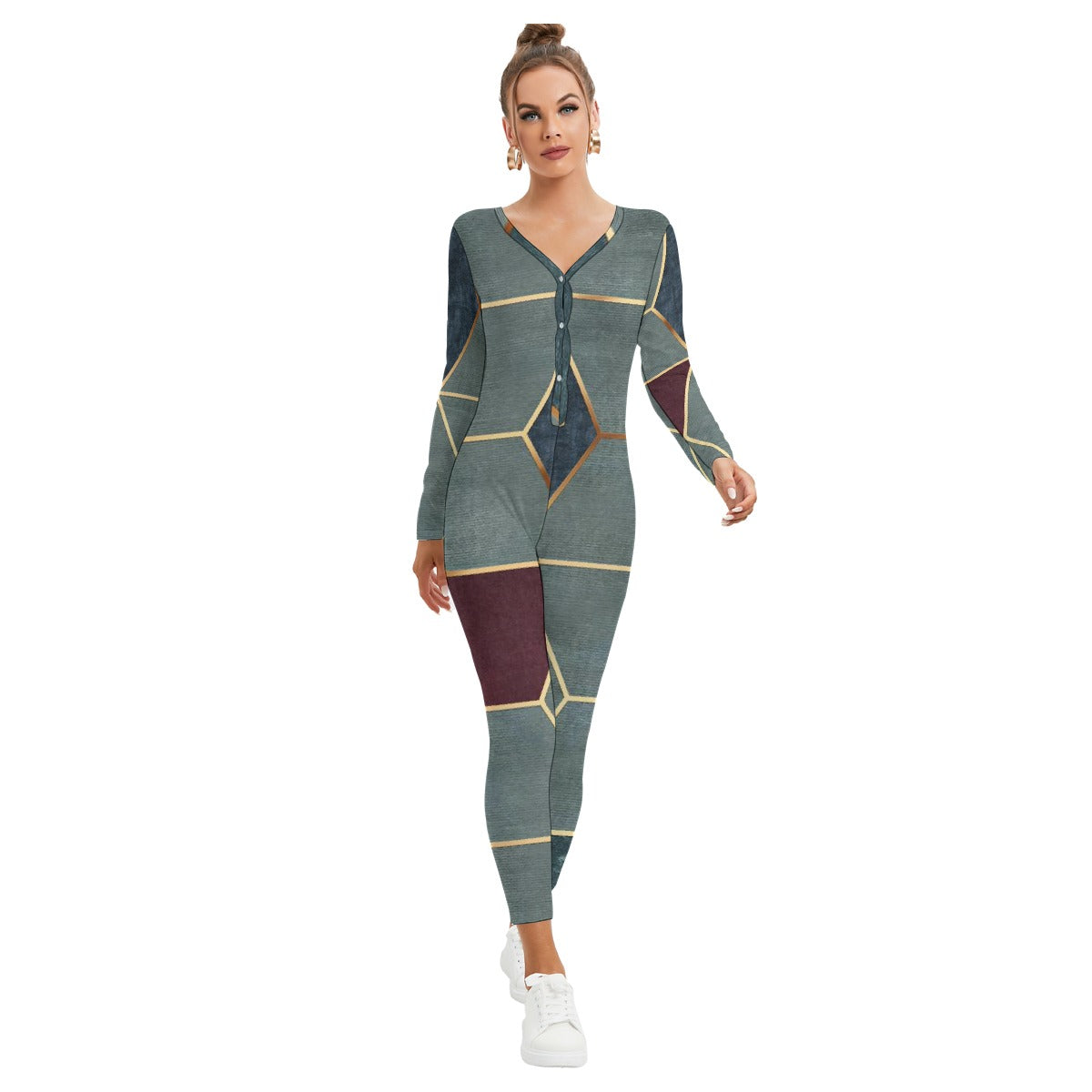 All-Over Print Women's Plunging Neck Jumpsuit