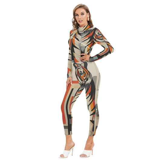 All-Over Print Women's Long-sleeved High-neck Jumpsuit With Zipper