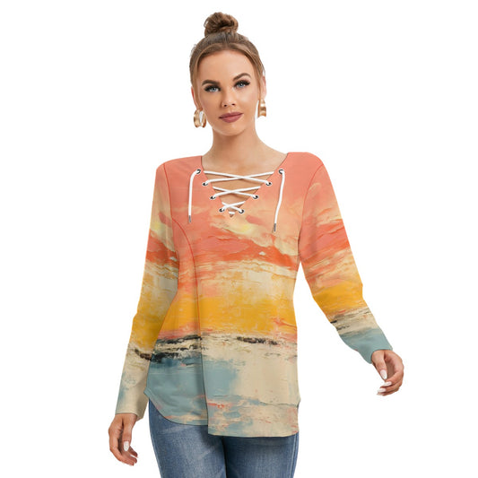 All-Over Print Women's Long Sleeve Neckline Tie Sweatshirt