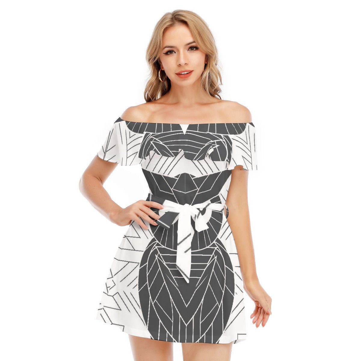 All-Over Print Women's Off-shoulder Dress With Ruffle