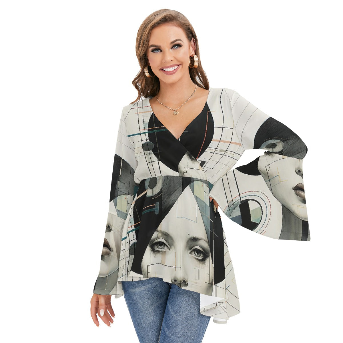 All-Over Print Women's V-neck Blouse With Flared Sleeves