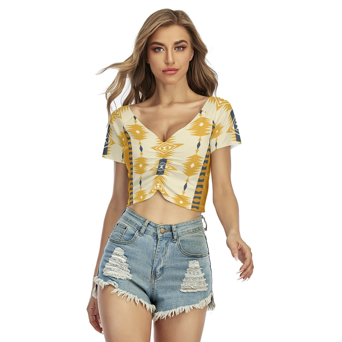 All-Over Print Women's Raglan Drawstring Front  Crop Tee