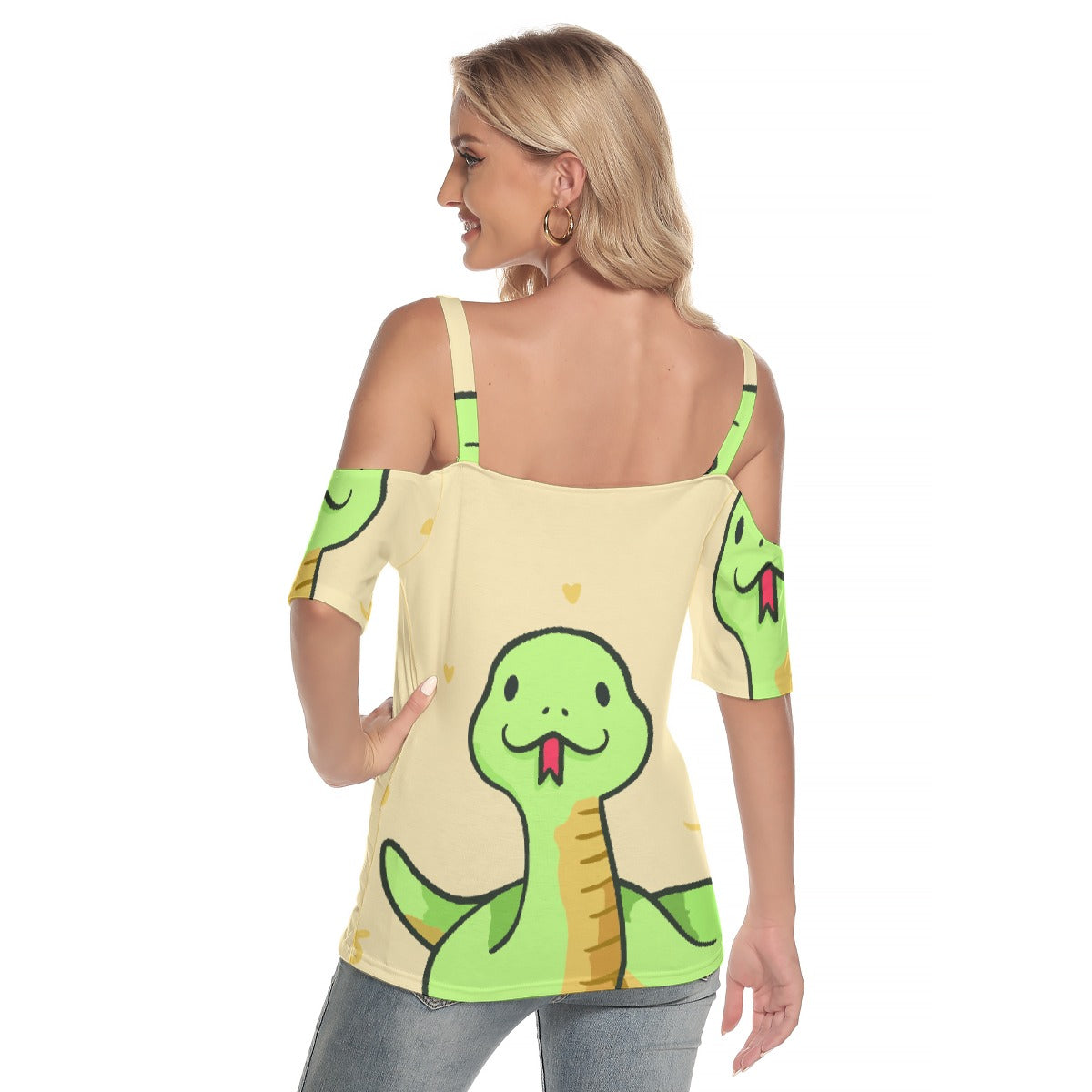 All-Over Print Women's Cold Shoulder T-shirt With Criss Cross Strips