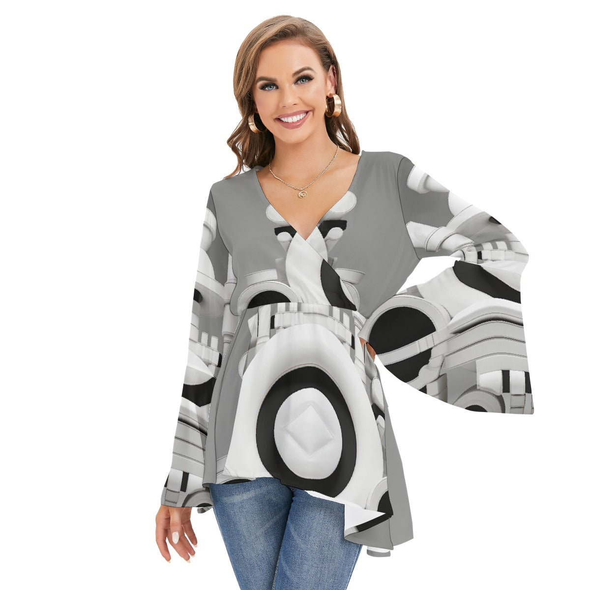 All-Over Print Women's V-neck Blouse With Flared Sleeves