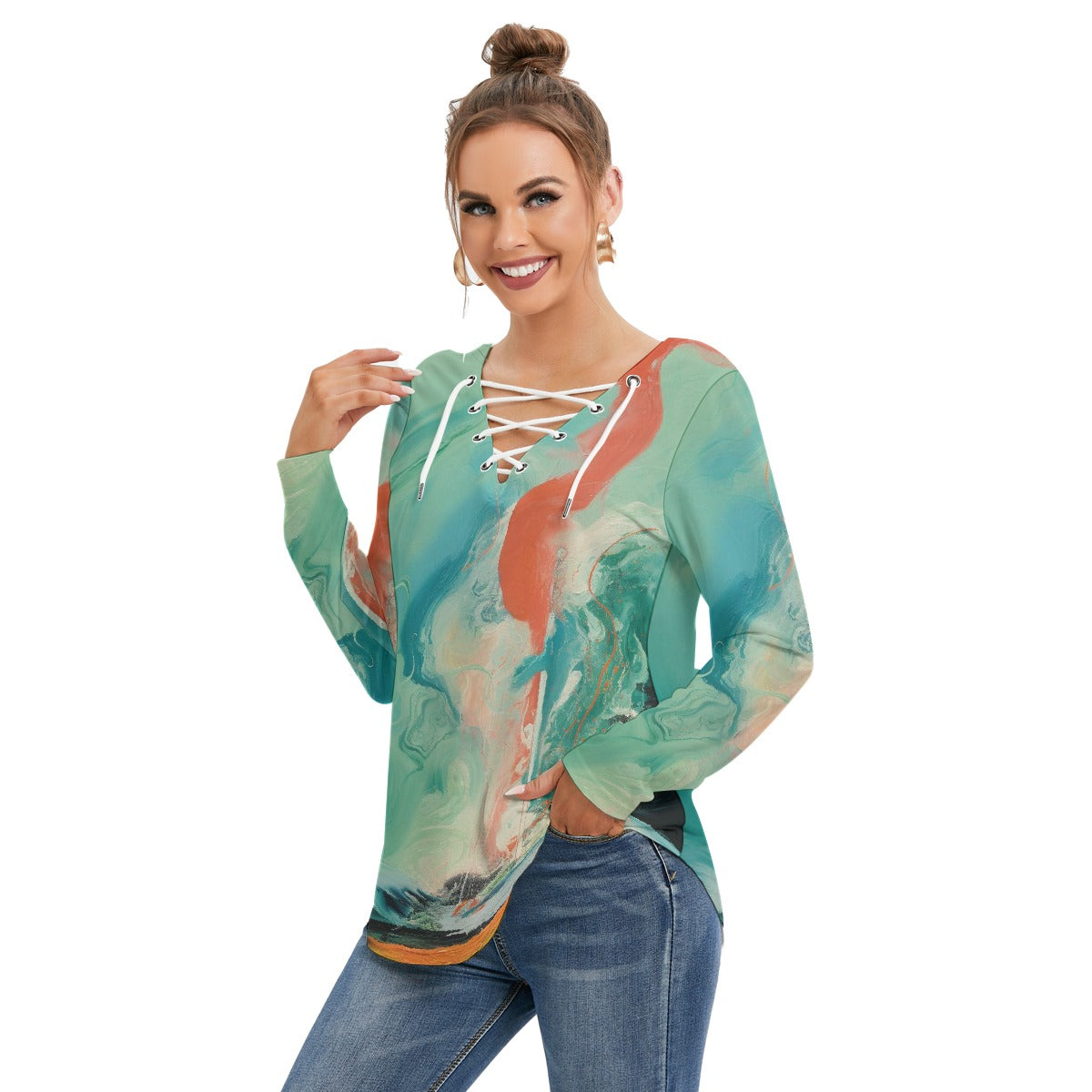 All-Over Print Women's Long Sleeve Neckline Tie Sweatshirt