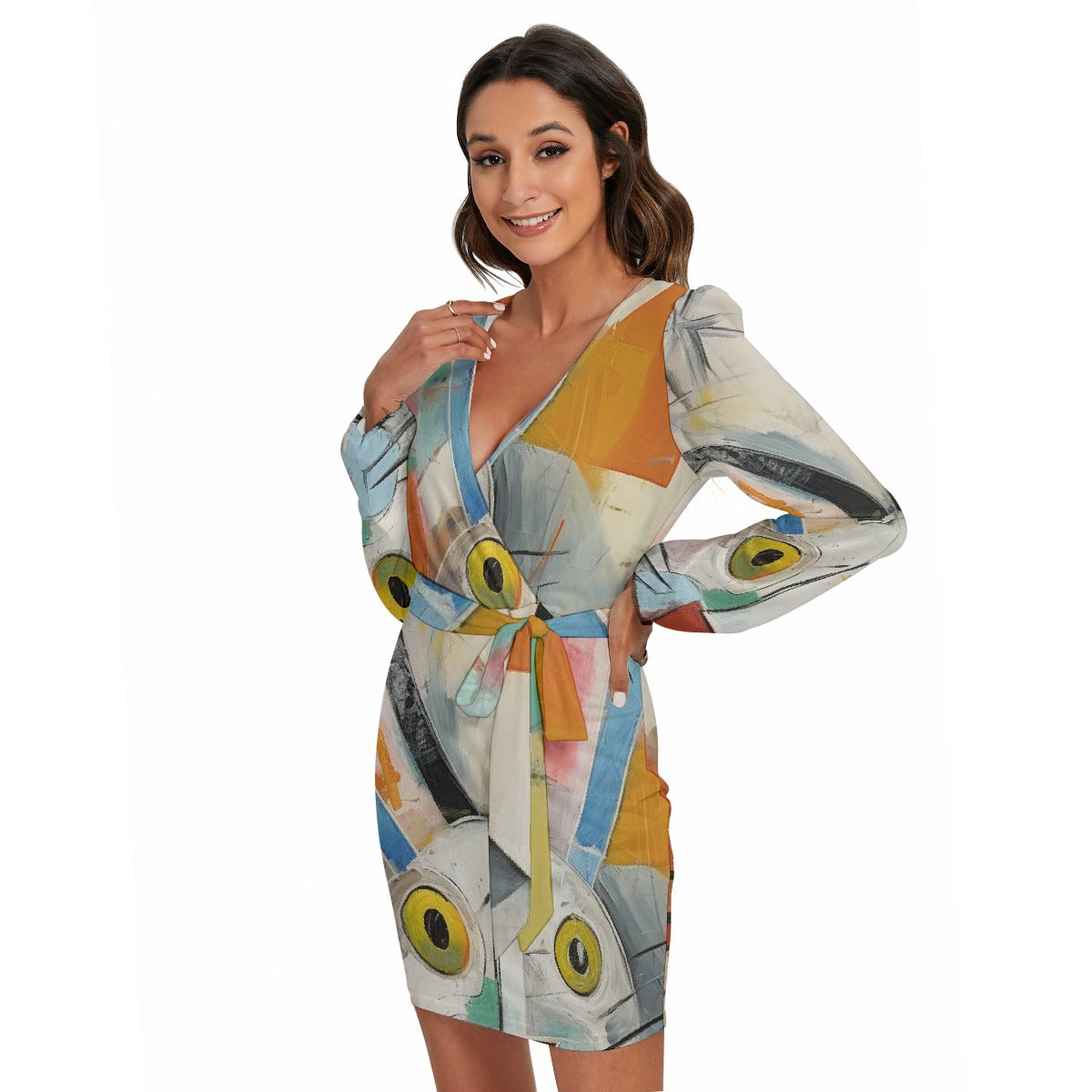 All-Over Print Women's Long Sleeve Dress With Waist Belt