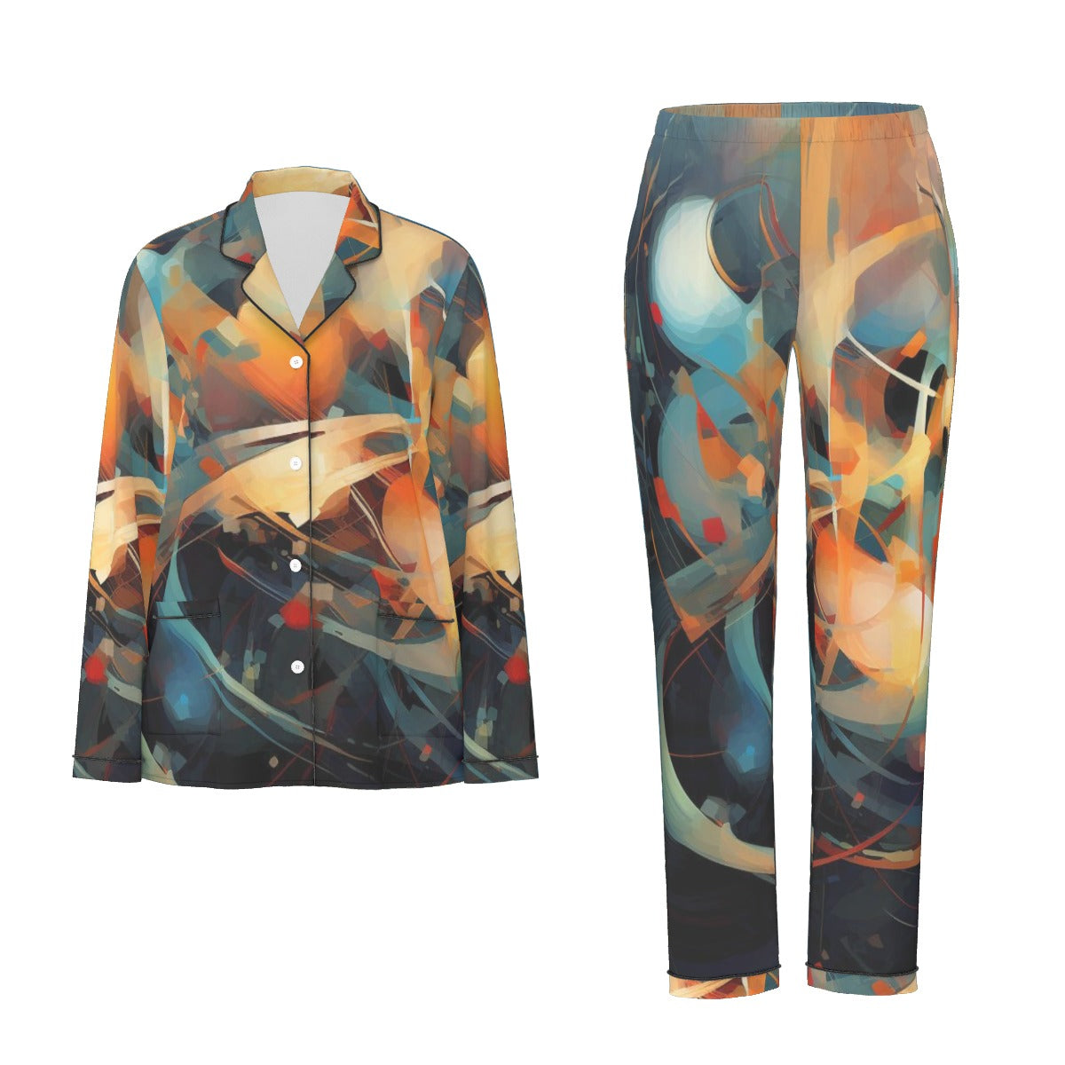 All-Over Print Women's Long Sleeve Pajama Set With Black Contrast Piping