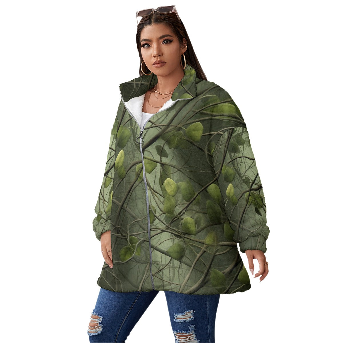 All-Over Print Unisex Borg Fleece Stand-up Collar Coat With Zipper Closure(Plus Size)