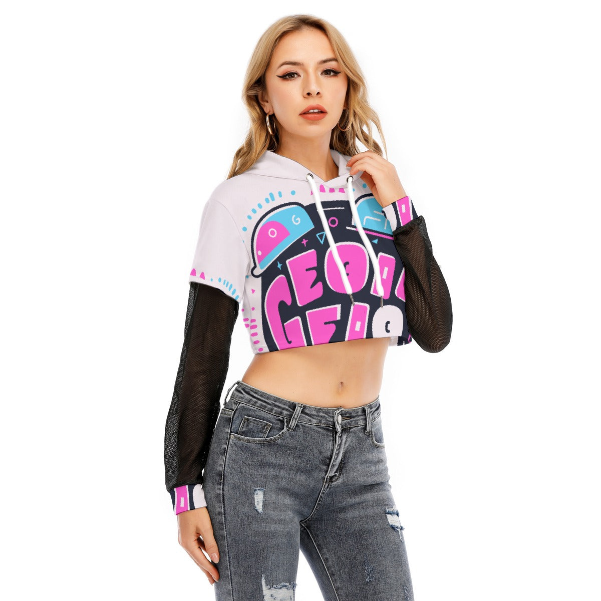 All-Over Print Women's Fake Two-piece Mesh Sleeve Cropped Hoodie