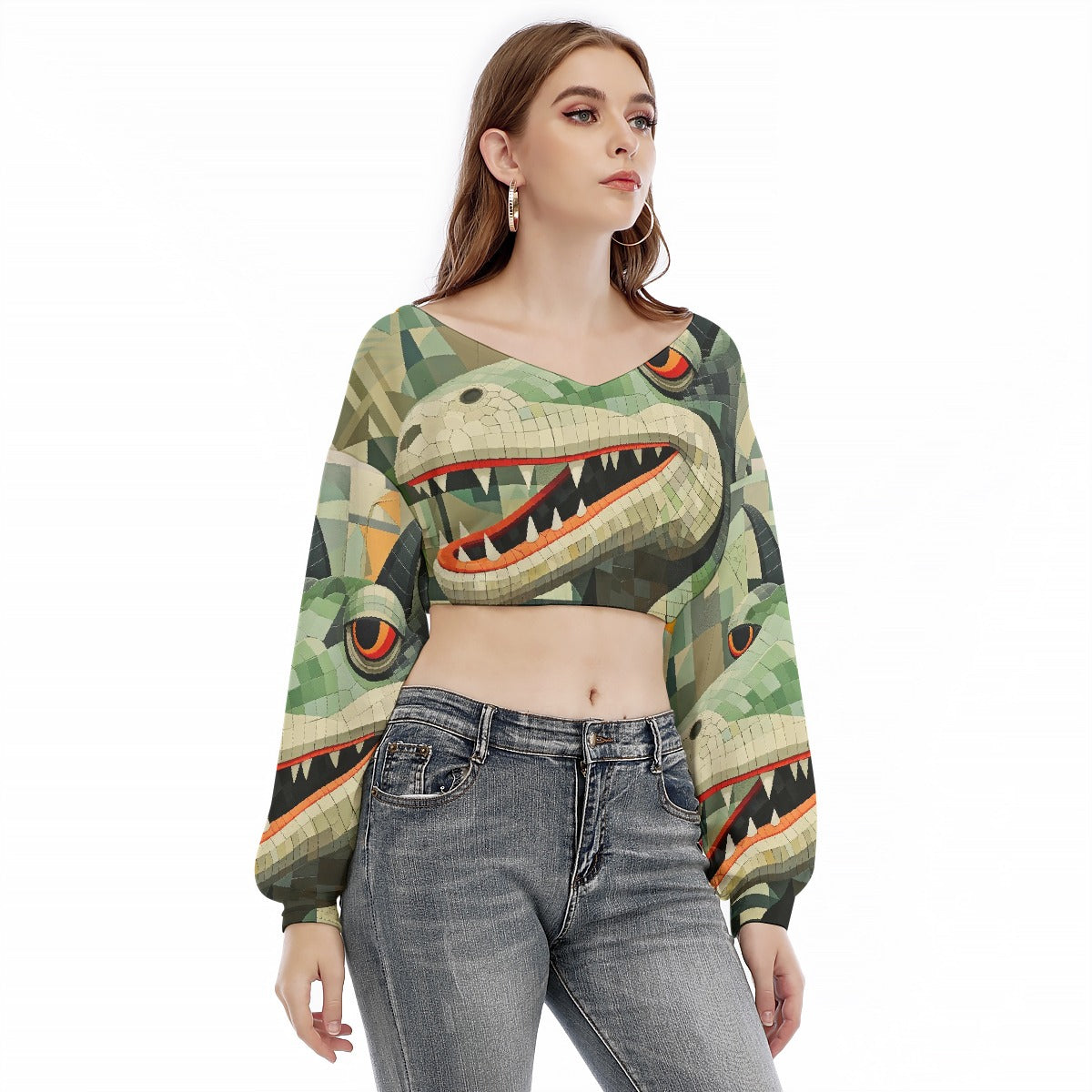 All-Over Print Women's V-neck Long Sleeve Cropped Sweatshirt