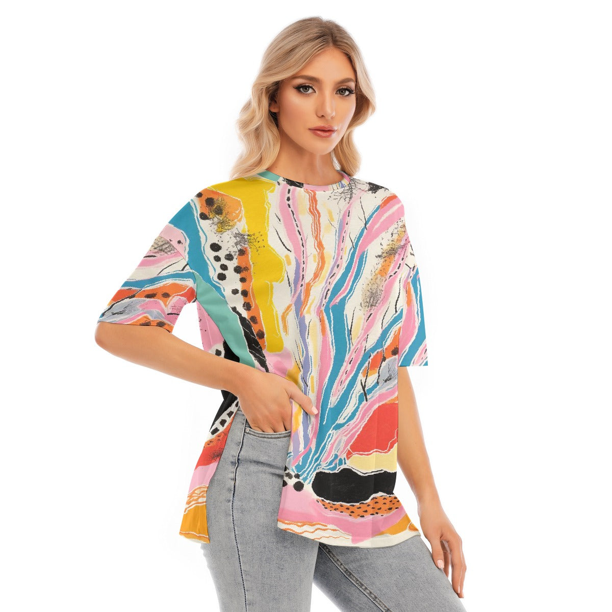 All-Over Print Women's Short Sleeves T-shirt With Hem Split