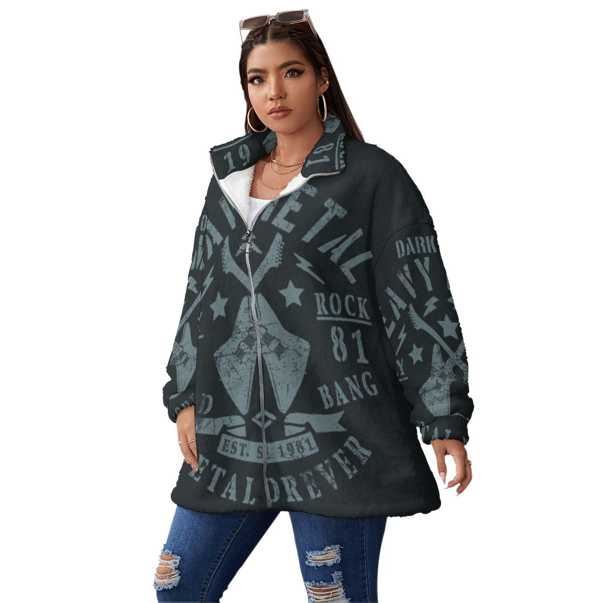 All-Over Print Unisex Borg Fleece Stand-up Collar Coat With Zipper Closure(Plus Size)