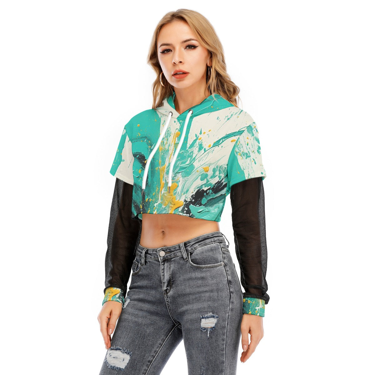 All-Over Print Women's Fake Two-piece Mesh Sleeve Cropped Hoodie