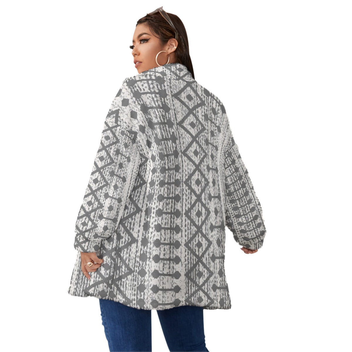 All-Over Print Unisex Borg Fleece Stand-up Collar Coat With Zipper Closure(Plus Size)