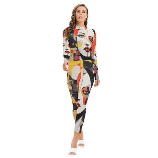 All-Over Print Women's Long-sleeved High-neck Jumpsuit With Zipper