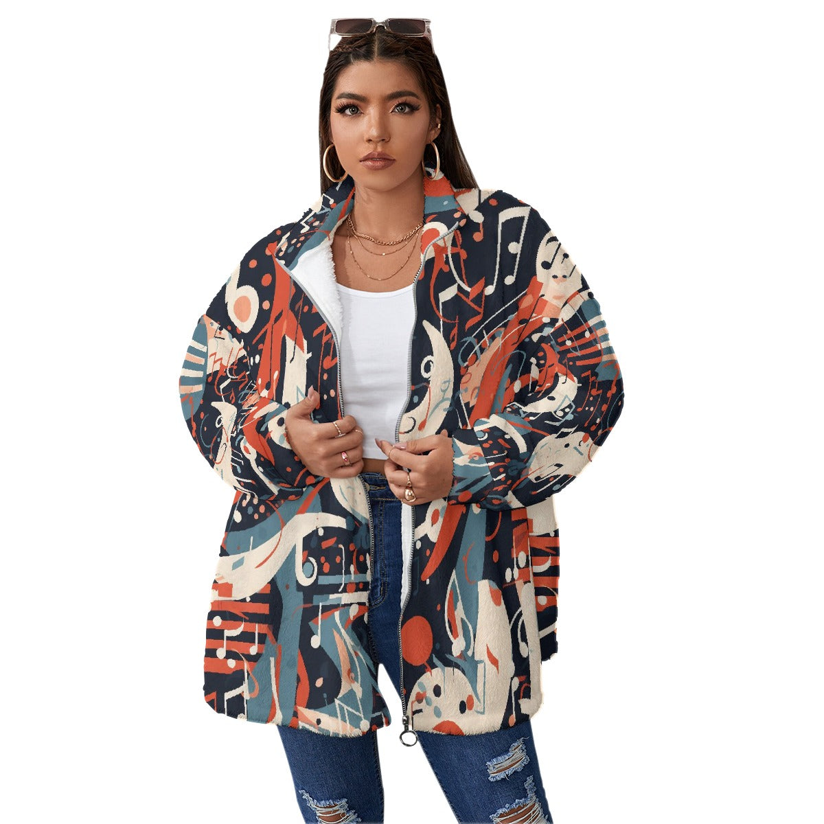 All-Over Print Unisex Borg Fleece Stand-up Collar Coat With Zipper Closure(Plus Size)