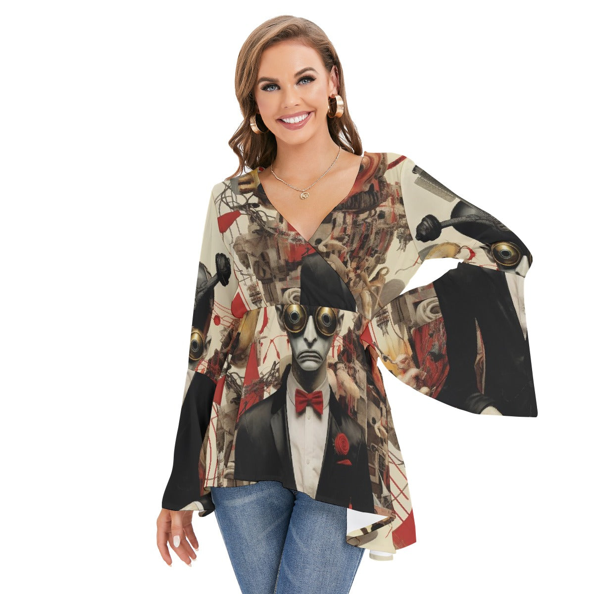 All-Over Print Women's V-neck Blouse With Flared Sleeves