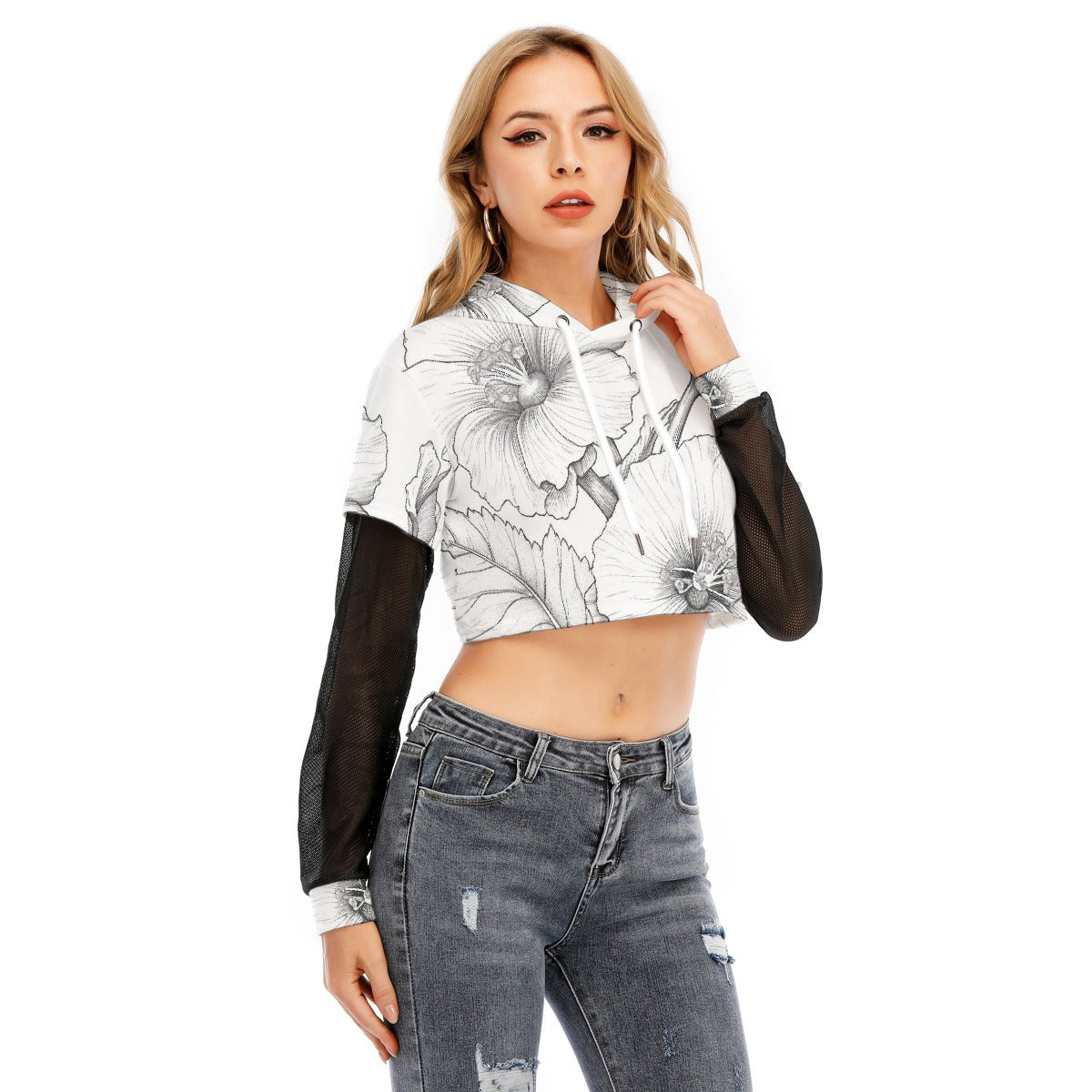 All-Over Print Women's Fake Two-piece Mesh Sleeve Cropped Hoodie