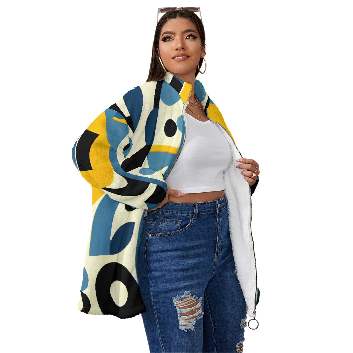 All-Over Print Unisex Borg Fleece Stand-up Collar Coat With Zipper Closure(Plus Size)