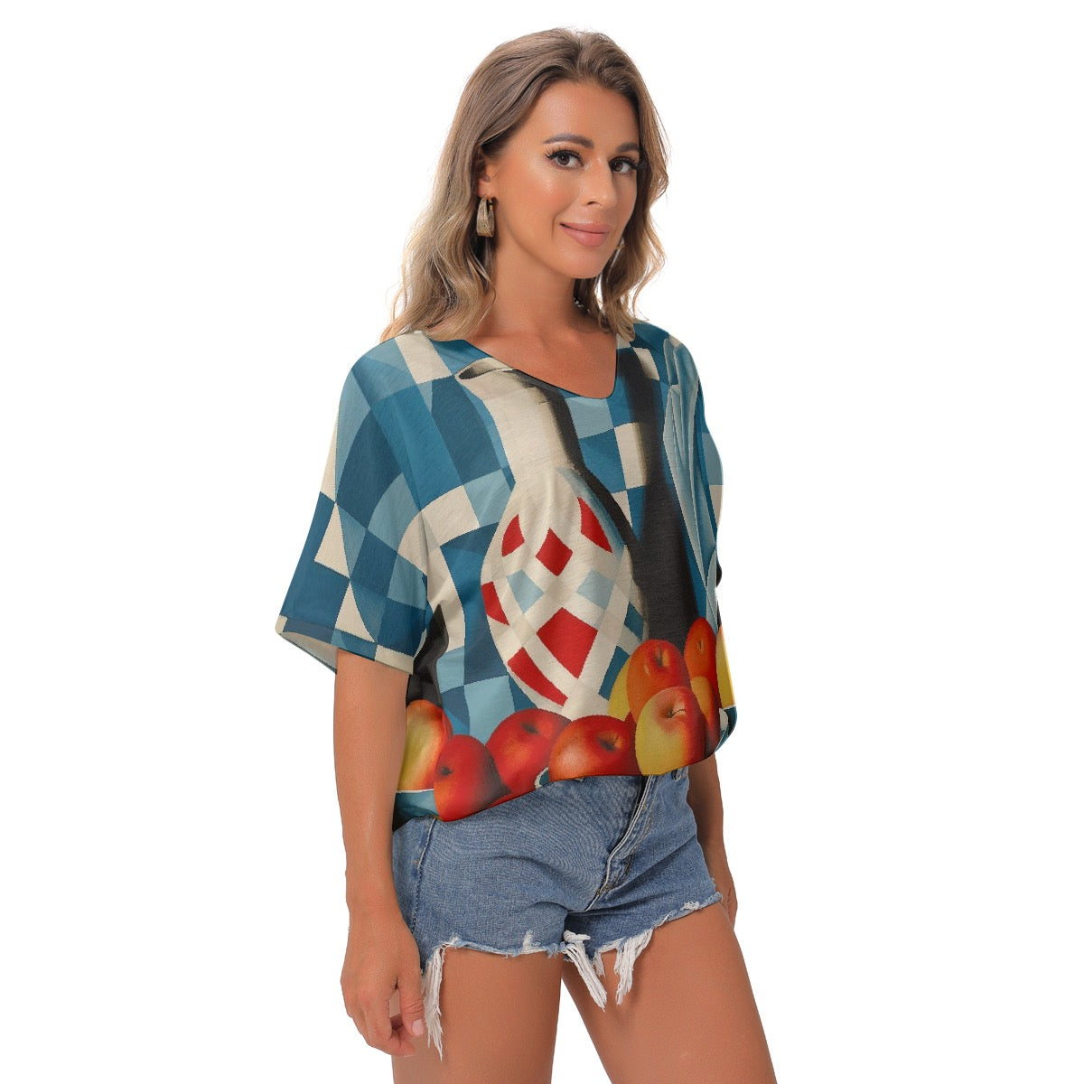 All-Over Print Women's Bat Sleeves V-Neck Blouse