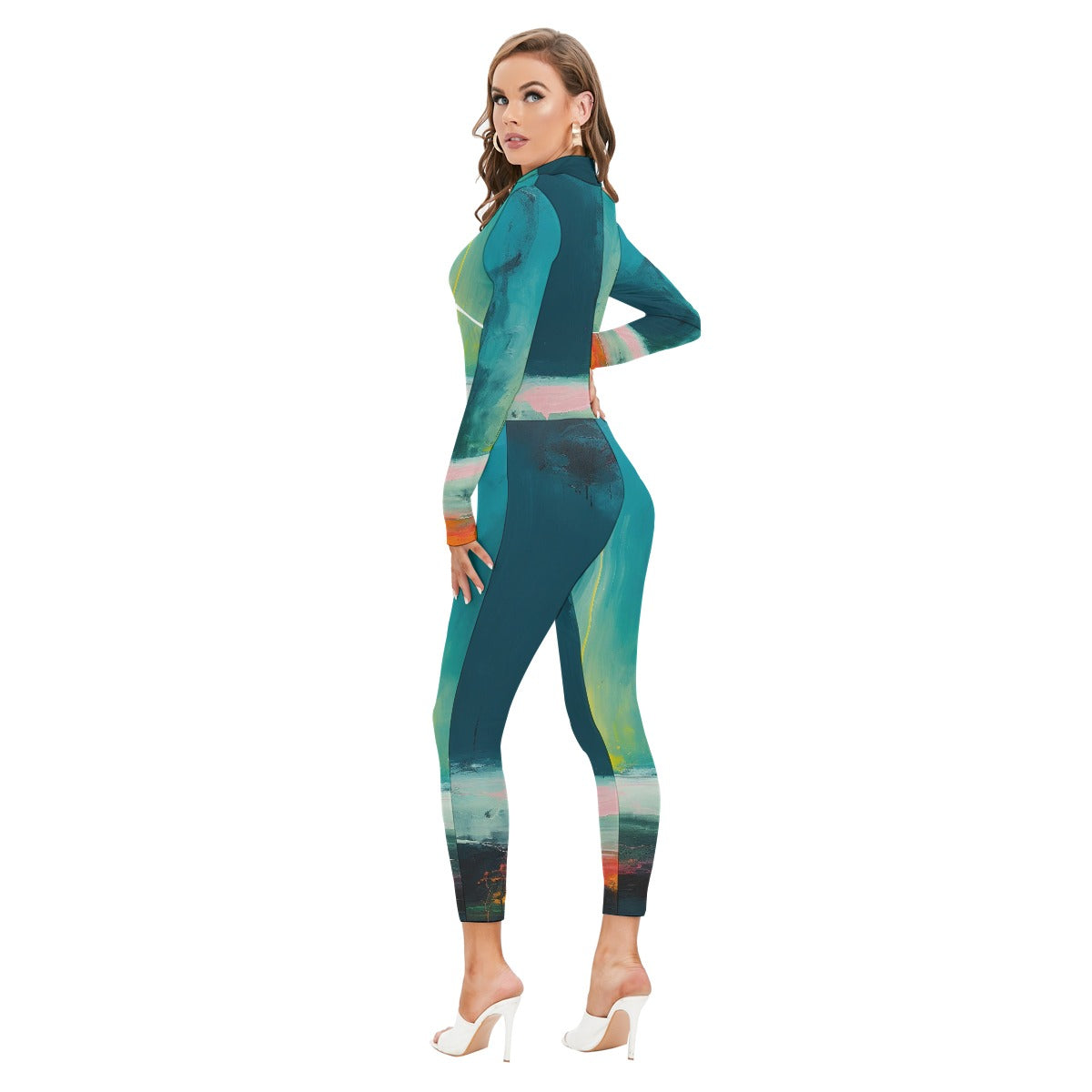 All-Over Print Women's Long-sleeved High-neck Jumpsuit With Zipper
