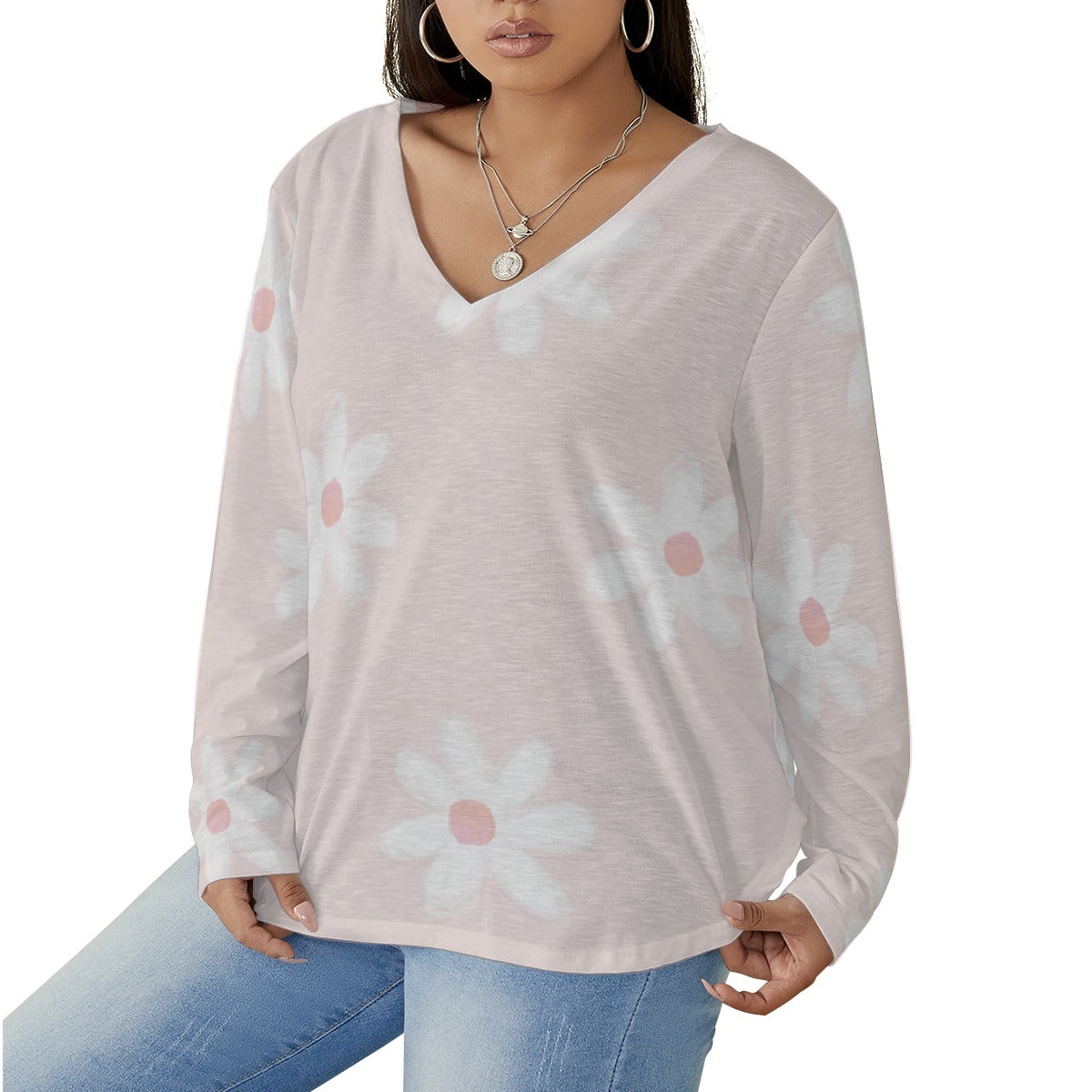 All-Over Print Women's V-neck T-shirt With Curved Hem(Plus Size)