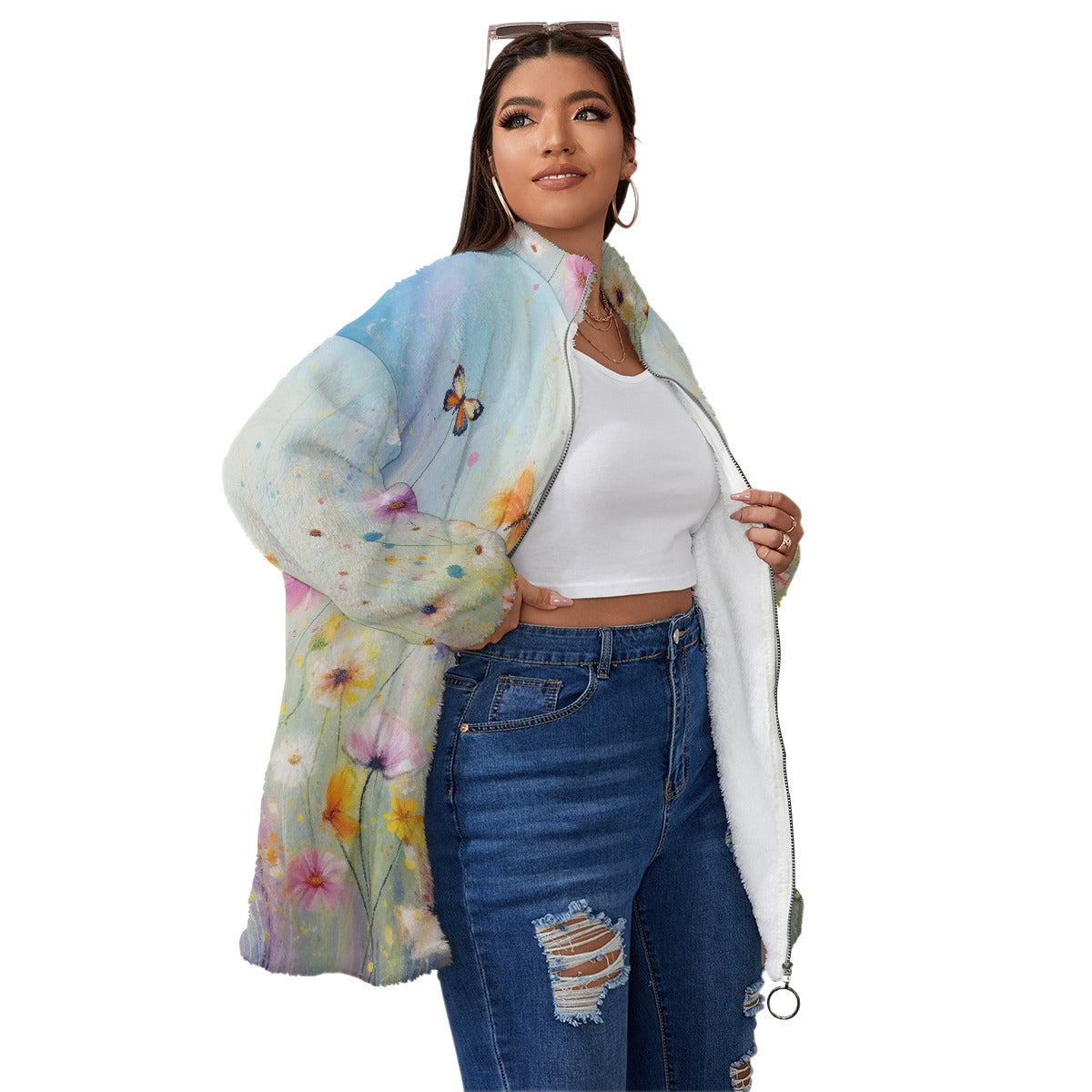 All-Over Print Unisex Borg Fleece Stand-up Collar Coat With Zipper Closure(Plus Size)