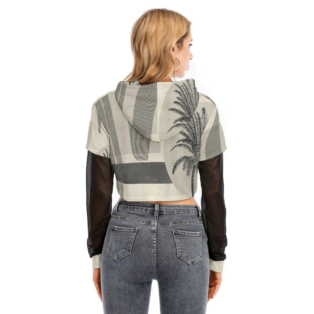 All-Over Print Women's Fake Two-piece Mesh Sleeve Cropped Hoodie