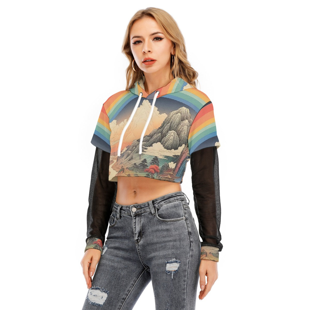 All-Over Print Women's Fake Two-piece Mesh Sleeve Cropped Hoodie