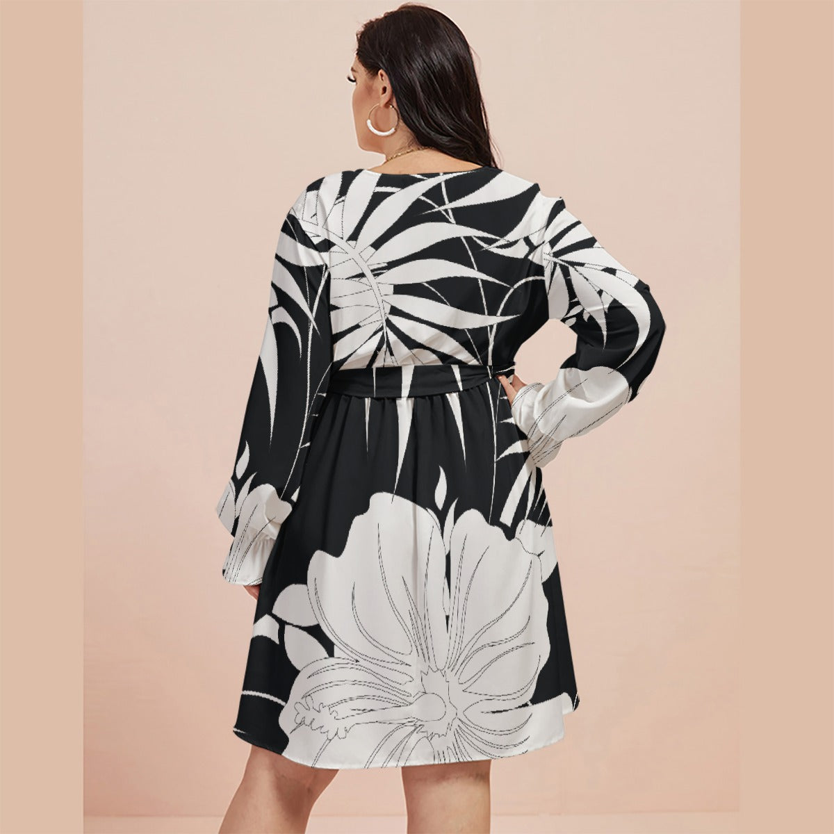 All-Over Print Women's V-neck Dress With Waistband(Plus Size)