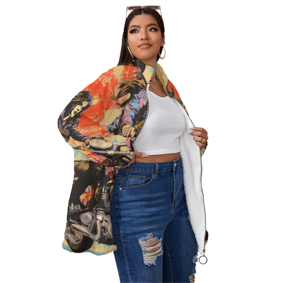 All-Over Print Unisex Borg Fleece Stand-up Collar Coat With Zipper Closure(Plus Size)