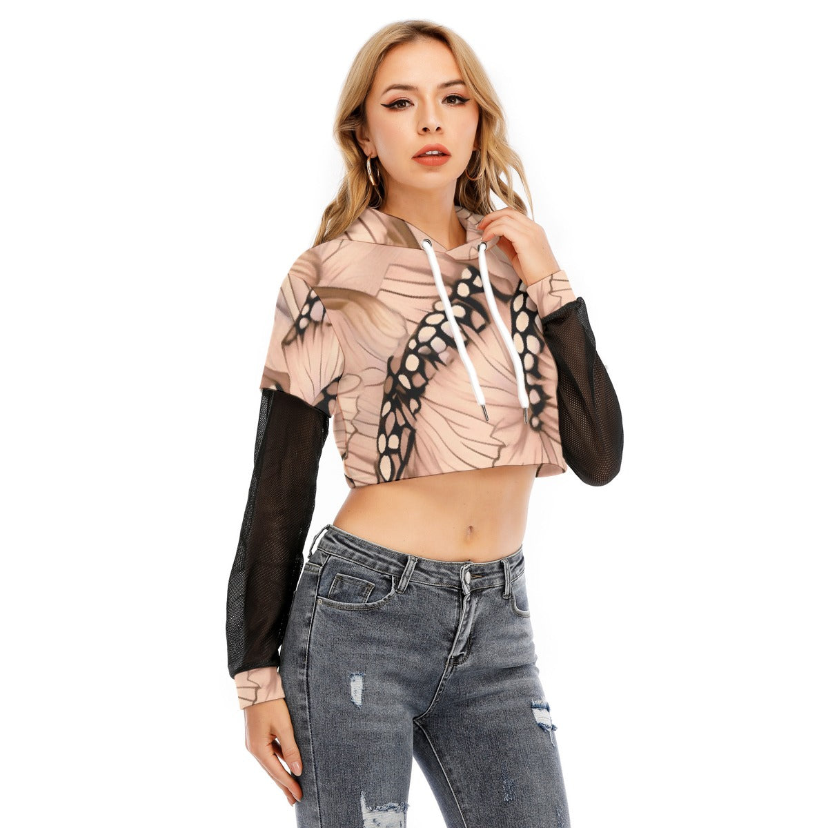 All-Over Print Women's Fake Two-piece Mesh Sleeve Cropped Hoodie