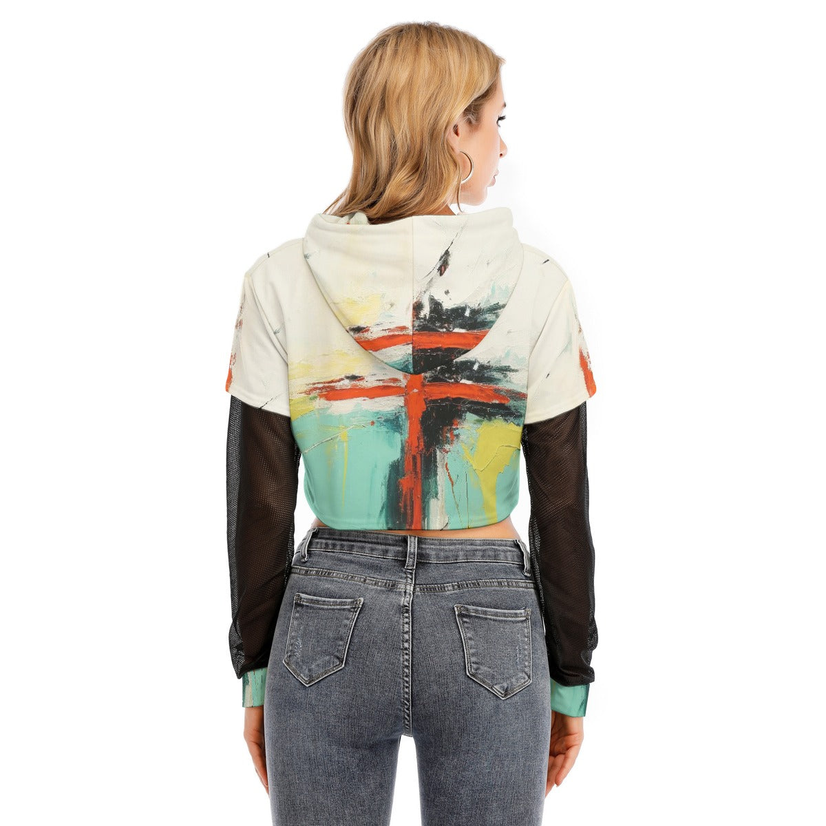 All-Over Print Women's Fake Two-piece Mesh Sleeve Cropped Hoodie
