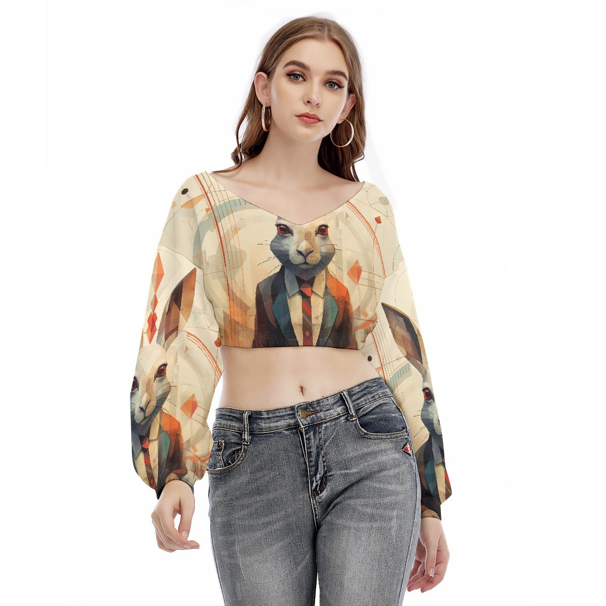 All-Over Print Women's V-neck Long Sleeve Cropped Sweatshirt